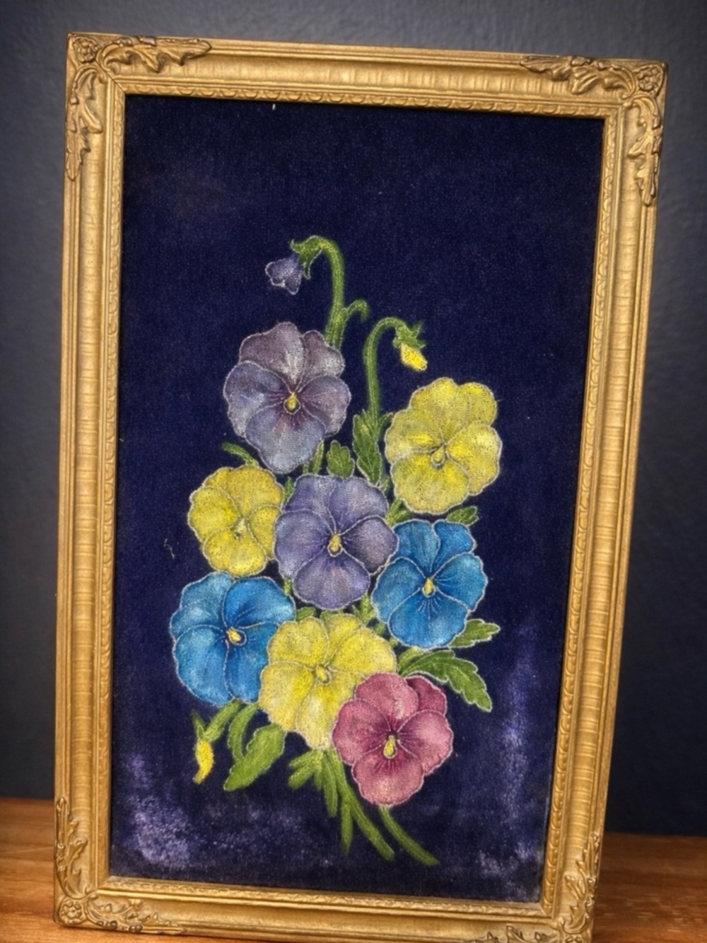Antique Oil Painting on Velvet. Circa Early 1900s Pansy Bouquet  Framed Floral